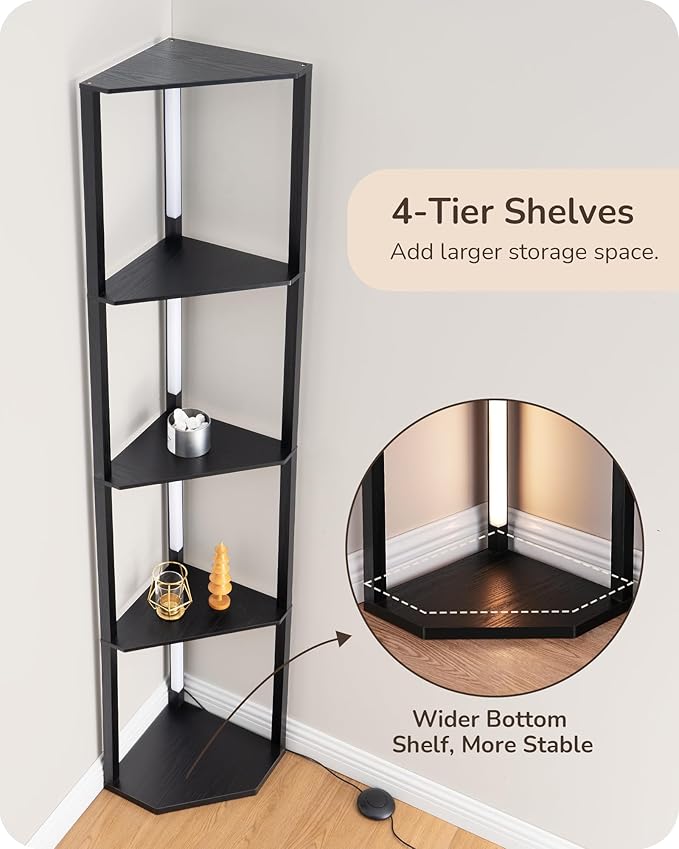EDISHINE 64'' Corner Display Shelf Floor Lamp, 3CCT, Floor Lamp, Black | Stepless Dimming, Modern 4-Layer Shelf, Foot Switch, 3000K-4000K-5000K, Tall Corner Lamp for Bedroom, Office, Dining Room
