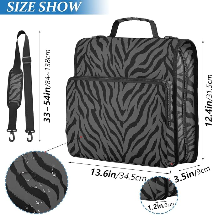 Tiger Print Black 3 Ring Zipper Binder with Shoulder Strap & Handle 1.5 Inch D-Ring Zippered Bag with Pencil Pouch,Multiple Pocket & Expanding File Folder, Binder Organizer for School or Office