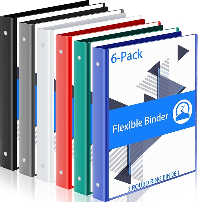 Fulmoon 6 Pack 2 Inch Plastic 3 Ring Binders with Pockets, Classic Colors | Flexible Covers with Round Rings and Front Pockets for Organizing Papers at School, Office, Meetings and Presentations