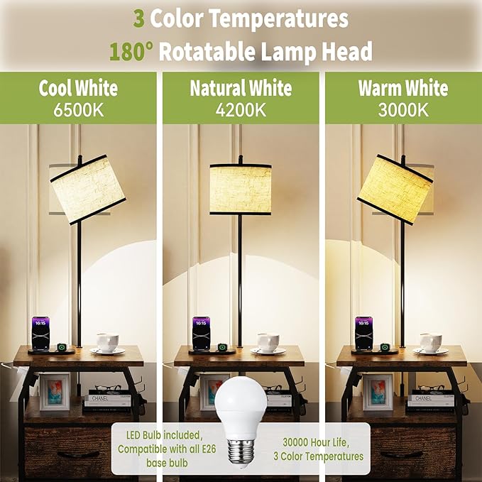 runjuly Floor Lamp with Table, End Tables with Lamps Attached 3-Color Temperature Bulb, Side Table with Lamp with 2 Drawers & Charging, Lamps Tables Combo for Bedroom, Dorm, Apartment - Rustic Brown