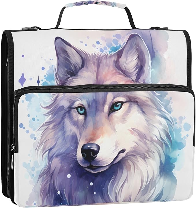 Wolf Watercolor 3 Ring Binder Bag 1.5 inch Binder Organizer with Zipper Shoulder Strap 500 Sheet Documents Storage for School Office