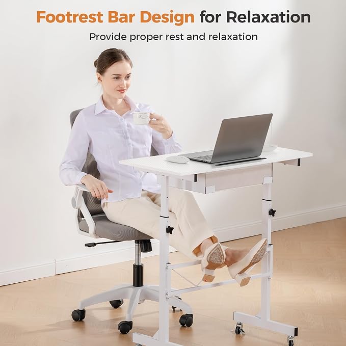 COMHOMA Standing Desk Adjustable Height & Tiltable Tabletop, Portable Stand Up Desk for Laptop, Mobile Folding Desk for Home Office Work and Walking Pad Treadmill, Height 30.7"-46.4", White
