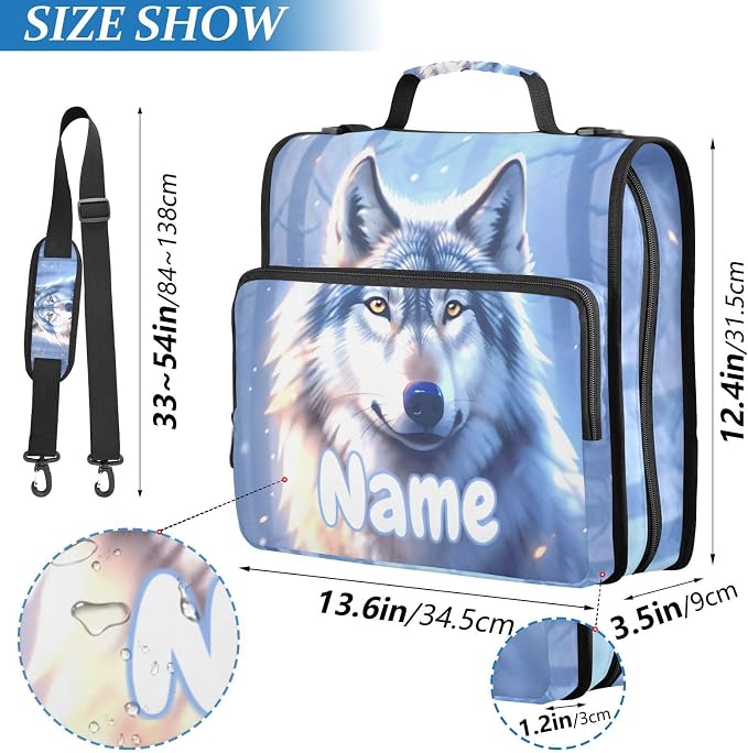 Custom Wolf Winter 3 Ring Binder Bag 1.5 inch Personalized Name Binder Organizer 500 Sheet Documents Storage for School Office