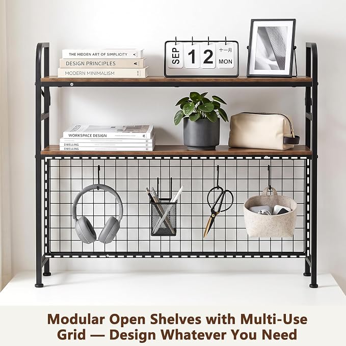2-Tier Desktop Bookshelf Organizer, Dorm Desk Hutch with DIY Grid | Desktop Bookshelf Organizer With Metal Grid Panel, Desktop Bookshelf Organizer For Dorm, Office Or Home, Rustic Brown