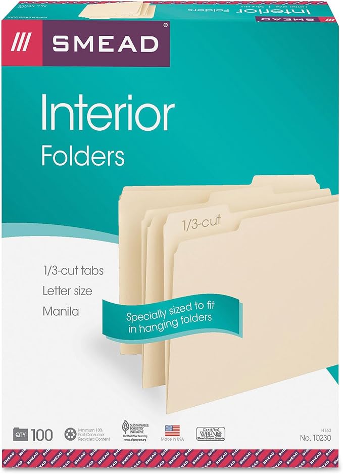 Smead Interior File Folder, 1/3-Cut Tab, Letter Size, Manila, 100 per Box, Expandable File Folders for Filing Cabinet