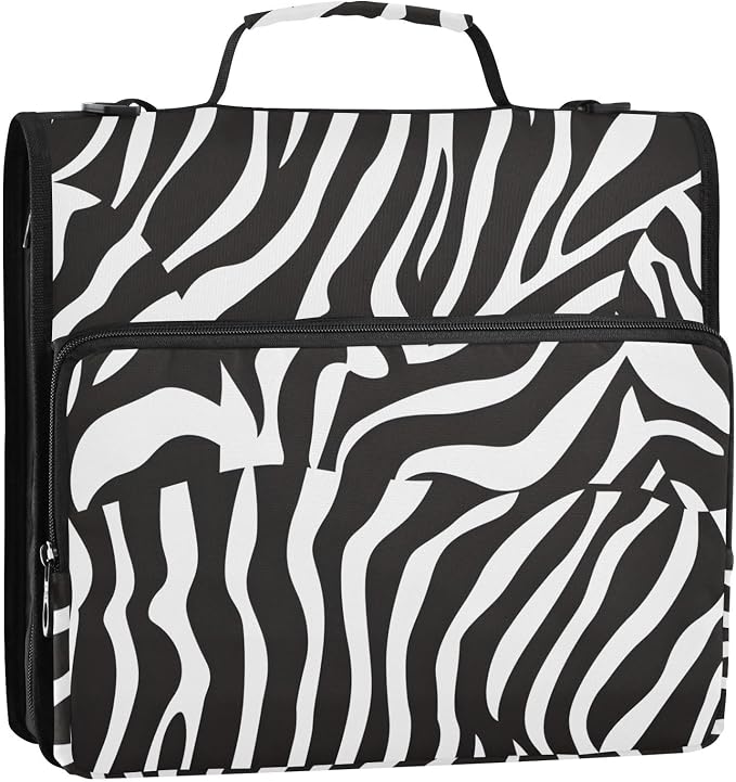 Zebra Print Black White 3 Ring Binder Bag 1.5 inch Binder Organizer with Zipper Shoulder Strap 500 Sheet Documents Storage for School Office