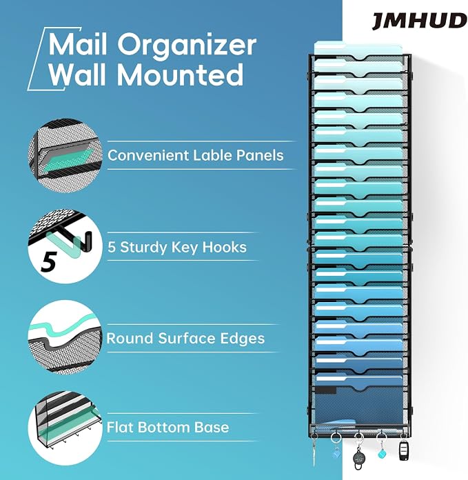 21-Tier Wall File Organizer and Mail Organizer with 5 Hooks, Black | Label slots, curved openings, 5 key hooks, and a bottom tray support organized mail, file, and everyday item storage.