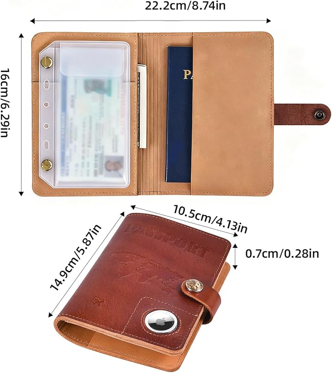 Brown Binder, Genuine Leather Passport Holder, Passport Cover with Air Tag Slot, Men's Travel Document Organizer, SIM Slot Travel Passport Wallet