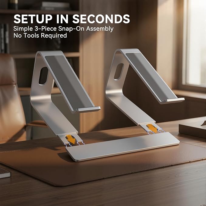SOUNDANCE Laptop Stand, Aluminum Computer Riser, Ergonomic Laptops Elevator for Desk, Metal Holder Compatible with 10 to 15.6 Inches Notebook Computer, Silver