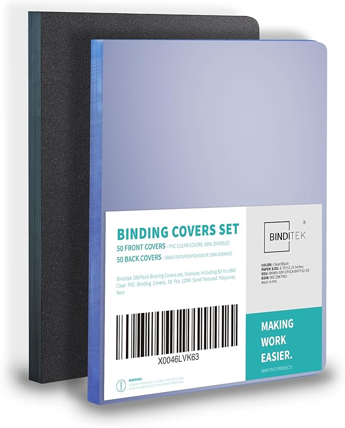 Binditek 20 Mil Binding Covers, 8.5x11 Inches, Semi-Transparent, 50 Pack | 20 Mil Binding Covers, 8.5x11 Inches Letter Size, Lightly Textured Sand Finish, Square Corners, Unpunched