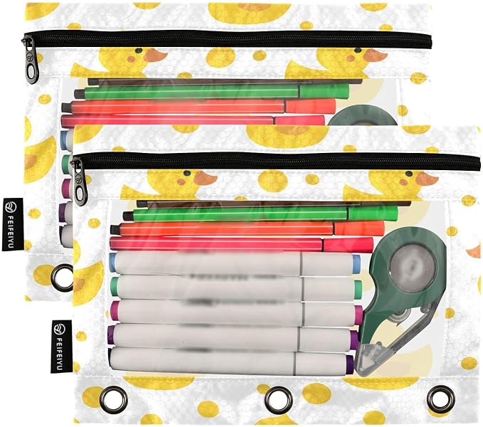 Cute Yellow Ducks Pencil Pouch for 3 Ring Binder, 2 Pack Waterproof Pencil Bags Clear Window Pencil Case Zipper School Office Supplies