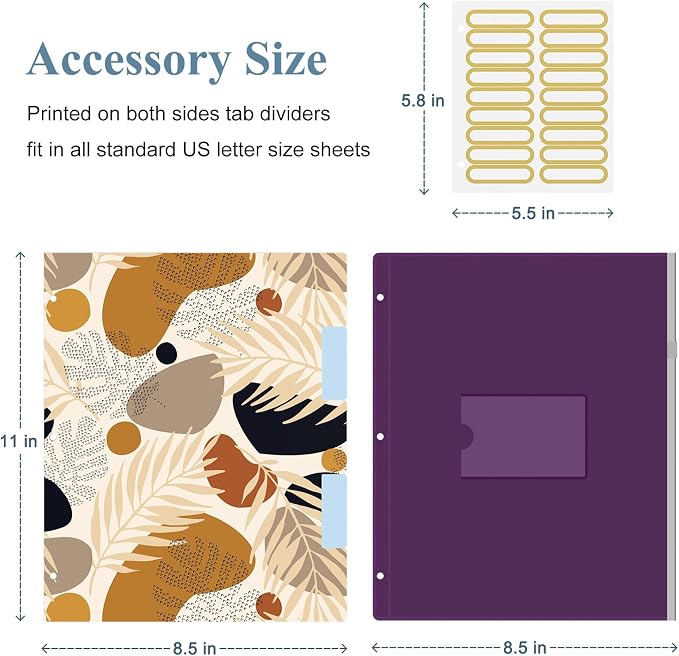 3 Ring Binder, 1 Inches Round Ring Binder with Clipboard, Dividers Tabs, PVC Zipper Bag Sleeves & to Do List Planners for Women, Men, School, Office Supplies, Modern Leaves