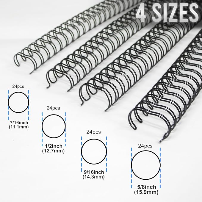Rayson Wire Binding Spines, 3:1 32-Loop Black, Mixed Sizes, 96 Pack | Includes 24 pcs each: 7/16", 1/2", 9/16" and 5/8"; ideal for Letter-size reports, manuals and presentations.