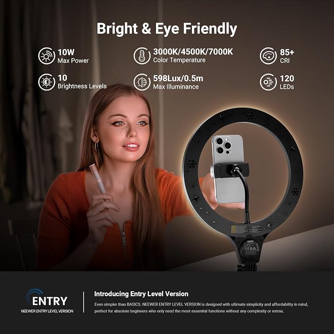 NEEWER Entry Level Version 10.5" 10W Ring Light with 46"-63" Stand, Overhead Phone Holder Mount Compatible with iPhone, Bi Color LED Selfie Lighting CRI85+ for TikTok Video Recording Streaming, N44