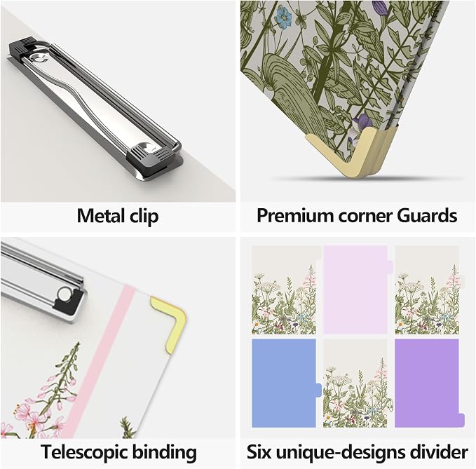 3 Ring Binder 1 Inch Round Ring Binder with 6 Tab Dividers，2 Interior Pockets，Cute Binder Clipboard with Storage, for School Office, Portfolio(Garden Flowers)