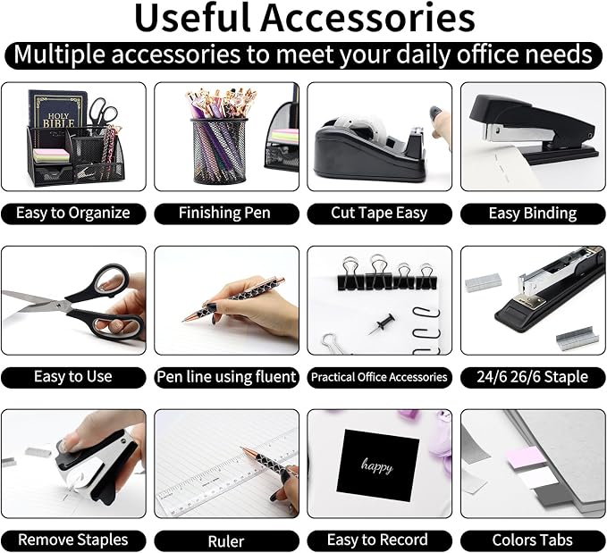 12Pcs Black Desk Organizers and Accessories Set for Office School Home | Black Office Supplies for Coworkers Students, Include Stapler, Pen Holder, Tape Holder, Scissors, Ruler, Staple Remover