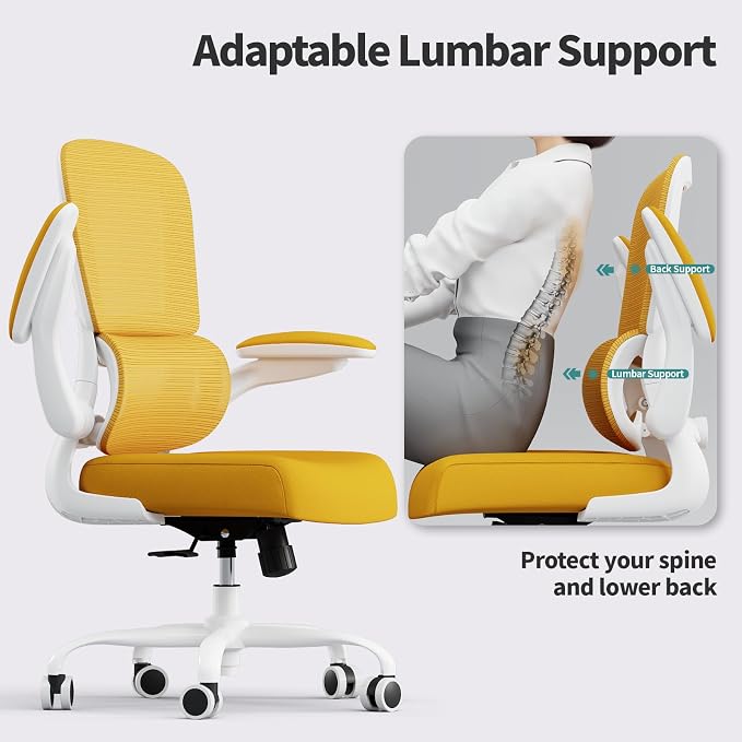 TRALT Office Chair - Ergonomic Desk Chair with Adjustable Lumbar Support, Mesh Computer Chair, Executive Chair for Home Office Comfortable Lumbar Support (1, White Yellow)