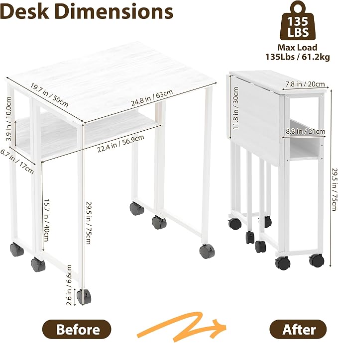 24.8" Folding Desk Rolling Desk with Storage Shelf,Space-Saving Foldable Computer Desk with Wheels,Portable Mobile Couch Sofa Side Table for Small Spaces, Home Office, Study, Easy Assembly,white