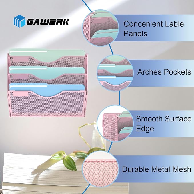 Gawerk 3 Tier Hanging Wall File Organizer, Mesh Mail Paper Orgnization Hanging File Folder Holder for Home Office, Pink