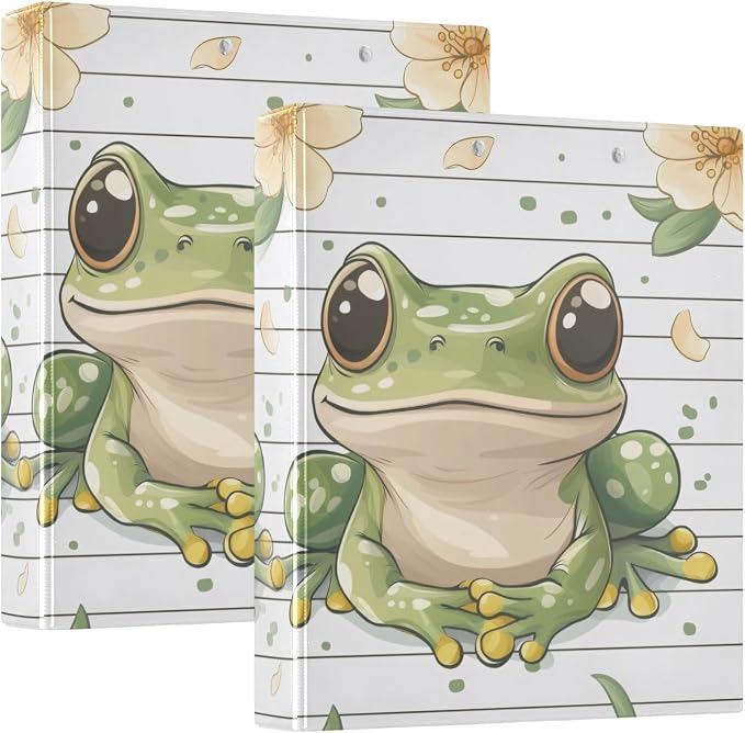 3 Ring Binder, 1.5 Inch Binder with Round Rings to Hold 200 Sheets, Cute Frog 3 Ring Binders with Clipboard for Home Class Office Supplies 2PCS