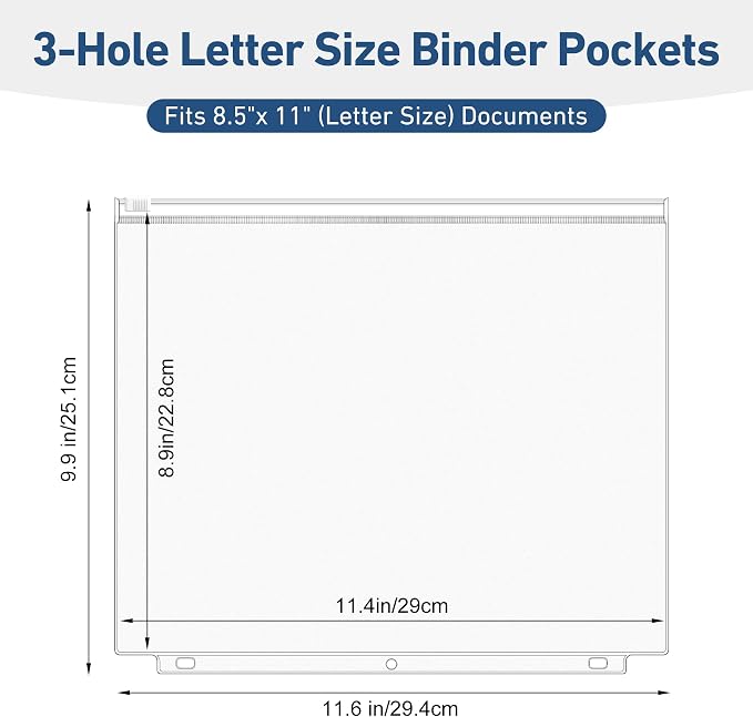 36 Pack Letter Size Binder Pockets for 3-Ring Binder Zipper Pouch Waterproof PVC Document Organizer 3-Hole Loose Leaf Folders File Sleeves Storage Bags Side Loading for Business Office Supplies