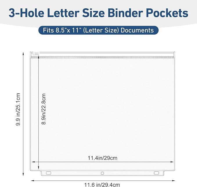 48 Pack Letter Size Binder Pockets for 3-Ring Binder Zipper Pouch Waterproof PVC Document Organizer 3-Hole Loose Leaf Folders File Sleeves Storage Bags Side Loading for Business Office Supplies