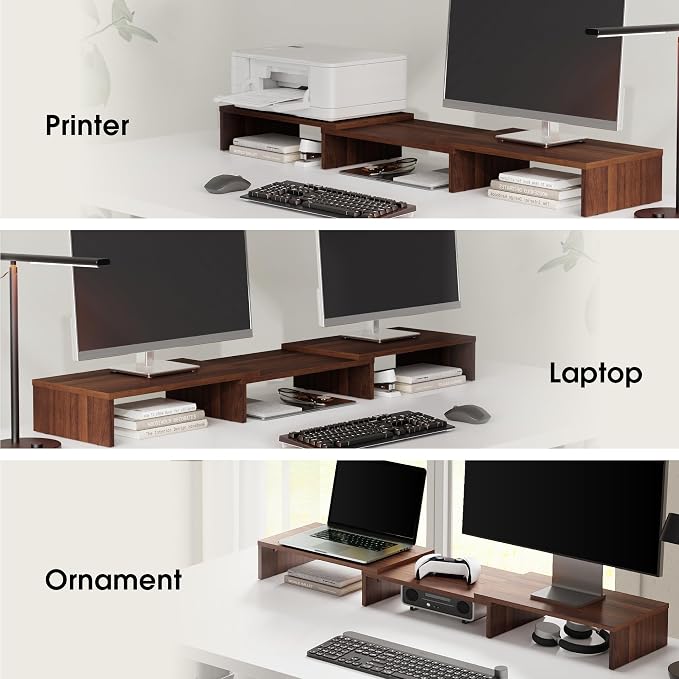 FITUEYES Dual Monitor Stand Riser, Adjustable Length and Angle, Brown | Wooden 3-Shelf Design, Supports up to 55lbs, Flexible for Standard Corner Space, Holds Monitor, Laptop, Phone, Printer