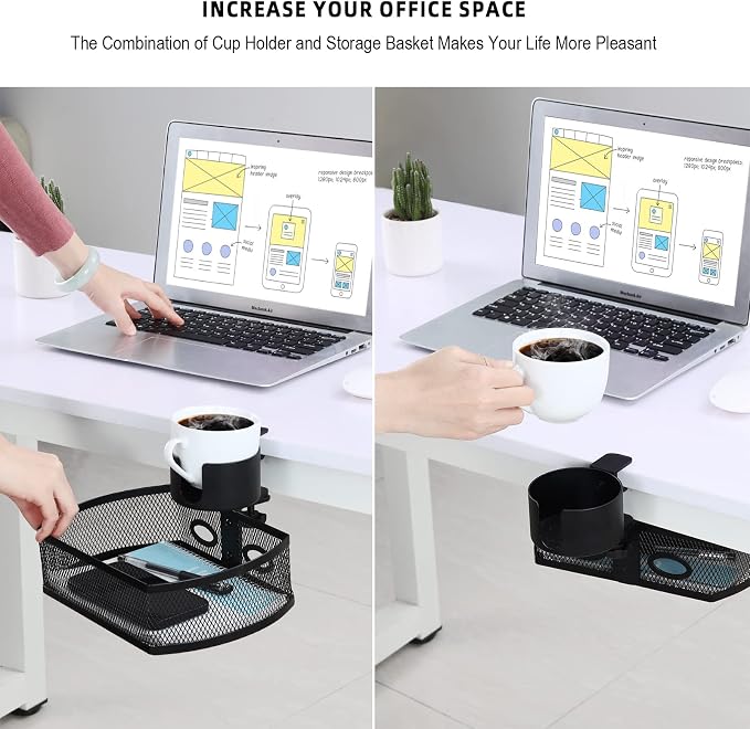 MASTLU Under Desk Organizer,Cup Holder,Table Management Tray, Swivel Pencil Drawer, Office No Drill Steel Organizers,360 Spin Hidden Storage Box with Sturdy C-Clamp,Easy Install (Black)