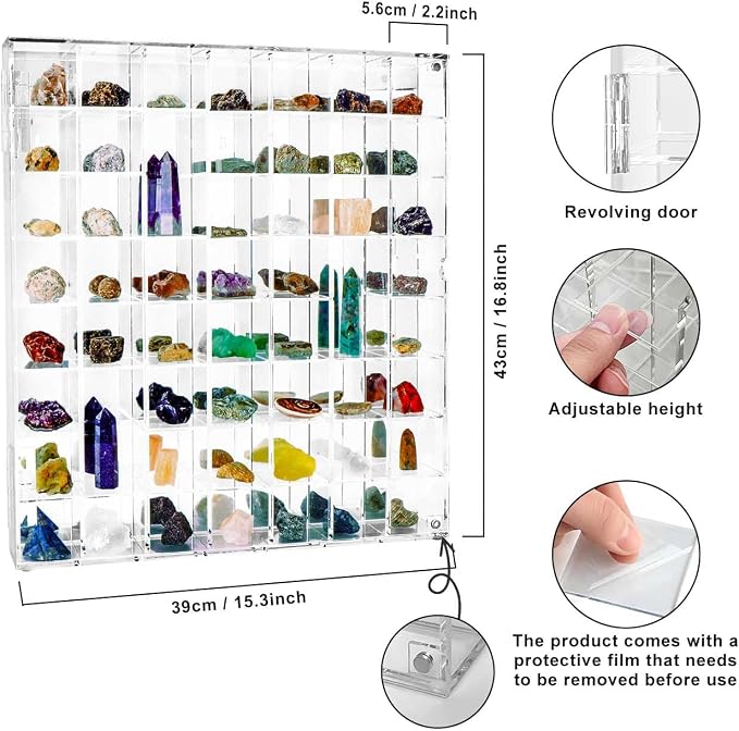 Adjustable Seashell Display Case Box Large Rock Fossil Arrowhead Case | Crystal Organizer Clear Wall Mounted & Desktop 56 Room Shadow Box for Mini Pop Figure, Collectibles, with Mirrored & Lid