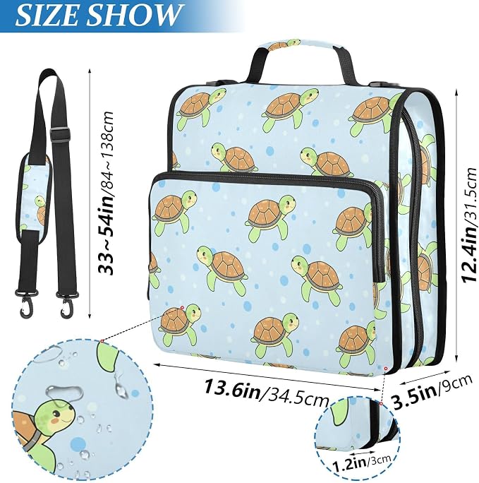 Cartoon Turtles Blue Print Zipper Binder Bag 3 Ring with Shoulder Strap & Handle Multi Pocket Binder Organizer Bag Large Capacity for School Office Supplies