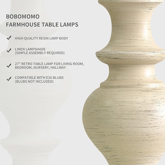 BOBOMOMO 27" Antique White Table Lamps Set of 2, Large Vintage Resin Lamps with Linen Shades, Farmhouse White Lamps for Bedroom, Living Room, or Console Table Elegant Home Décor