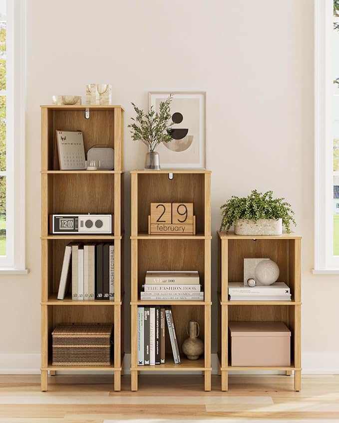 Bookshelf, Modern 3-Tier Bookcase, Open Storage Book Shelf, 11 × 14.2 × 38.9 Inches, Small Narrow Bookshelves for Living Room, Home Office, Bedroom, Natural