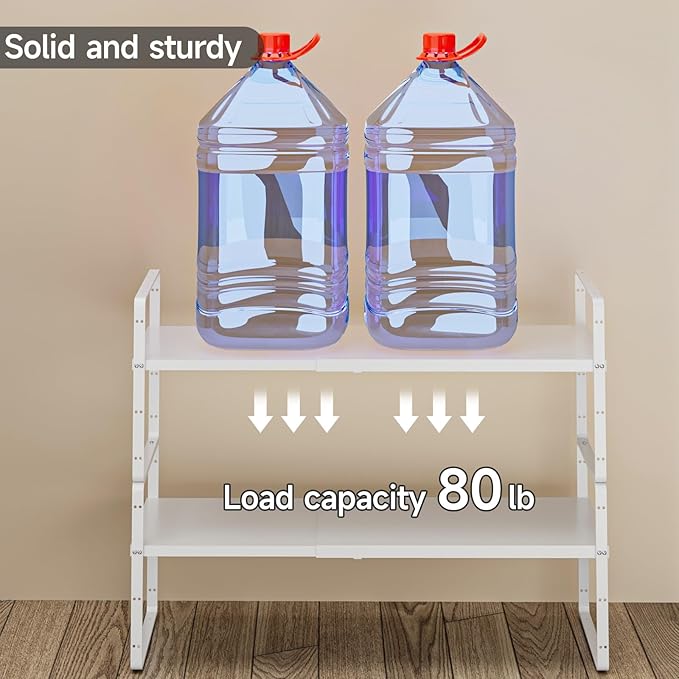 jkxoo 2Pack 16.5-27’’L Expandable Cabinet Shelf Organizers, Stackable Metal Shelves Extender for Kitchen Countertop Storage, Adjustable Spices Shelves Rack Stand for Cupboard Pantry, White