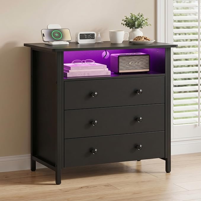 27" LED Nightstand Set 2 with Charging Station & 3 Drawers, Black | RGB App Control, 2 AC Outlets & 2 USB Ports, Open Storage, Adjustable Feet, Wood Tall Nightstand for Bedroom or Office