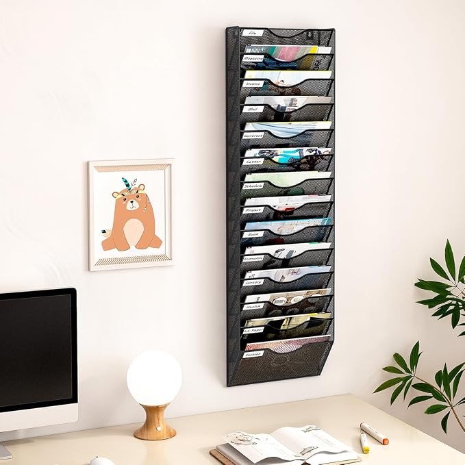 14 Pockets Hanging Wall File Organizer, Office Organization Wall Mount Mail Sorter Paper Holder Bill Organizer for Home, Black