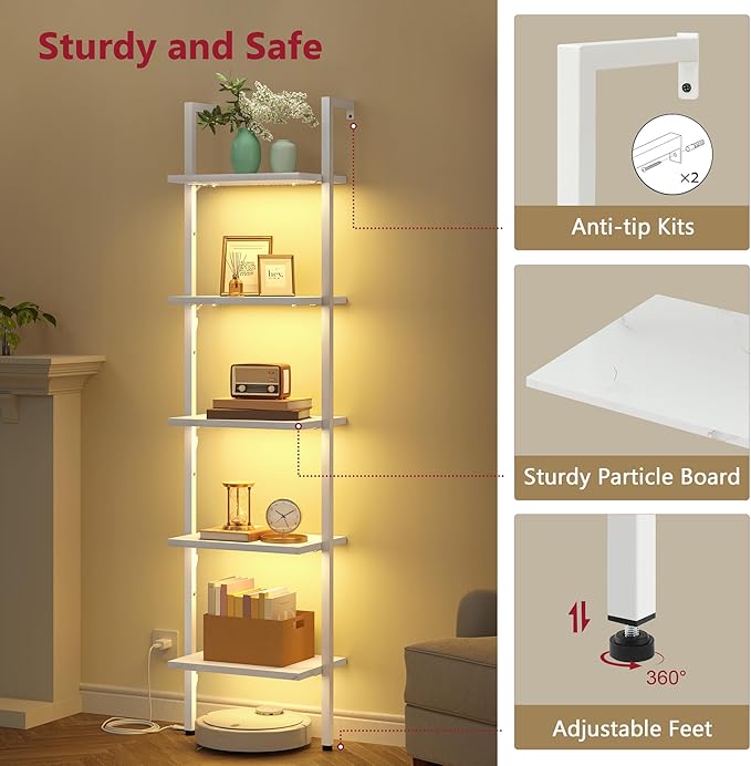5 Tier Ladder Bookshelf with Light, Wall Mount Ladder Shelf White | Narrow Ladder Bookshelf with Storage, Thin Ladder Bookshelf with Metal Frame Ladder Shelf for Living Room, Bedroom, Office