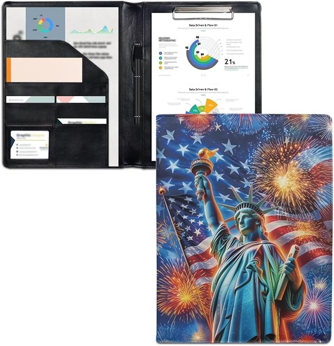 Dreaweet 250th Anniversary Portfolio Binder Statue of Liberty Fireworks Padfolio for Women Men,Resume Portfolio Folder Interview Document Organizer Card Holder Notepad Holder