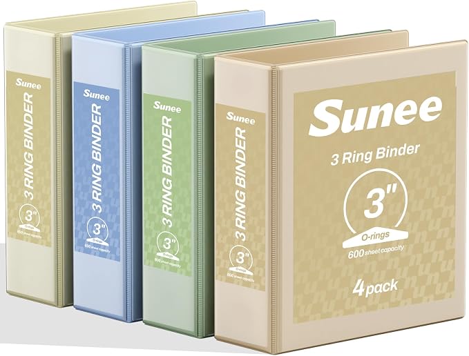 SUNEE 3 Ring Binder 3 Inch 4 Pack, Clear View Binder Three Ring PVC-Free (Fit 8.5x11 Inches) for School or Office Supplies, Neutral Aesthetic