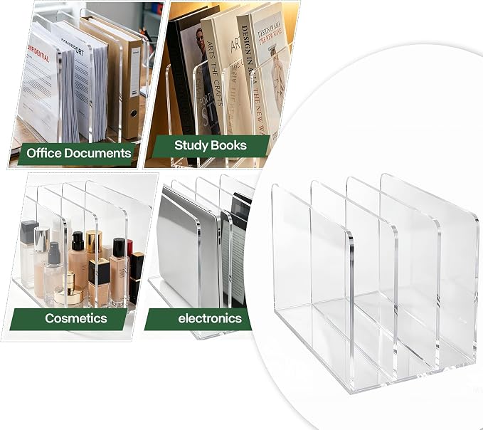 Acrylic Magazine File Holder, 3-Section A4 Desk Organizer | Fits A4 documents, 11.22"W x 7.68"H x 6.69"D, ideal for letters, folders & notebooks, 5mm thick premium clear acrylic