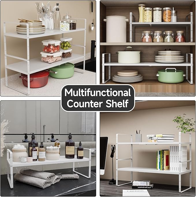 jkxoo 16.5-27’’L Expandable Kitchen Shelf Organizer, Stackable Shelves Organizer, Adjustable Height Pantry Spice Rack for Cabinet, Countertop, Pantry and Cupboard, White