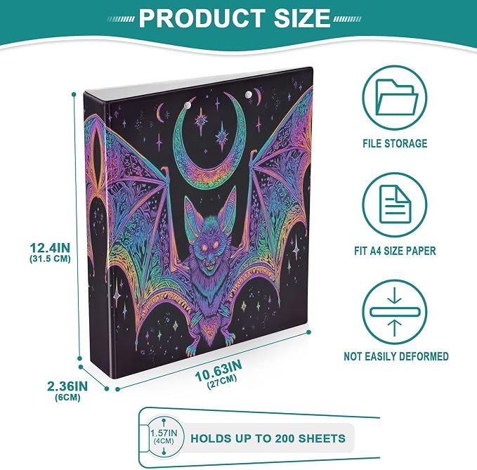 Neon Bat Goth Moon 3 Round Ring Binders | 1.5 Inch Binder with Clipboard, PVC Pockets, Work Organizer, Holds 200 Sheets for School Office 1 Pack