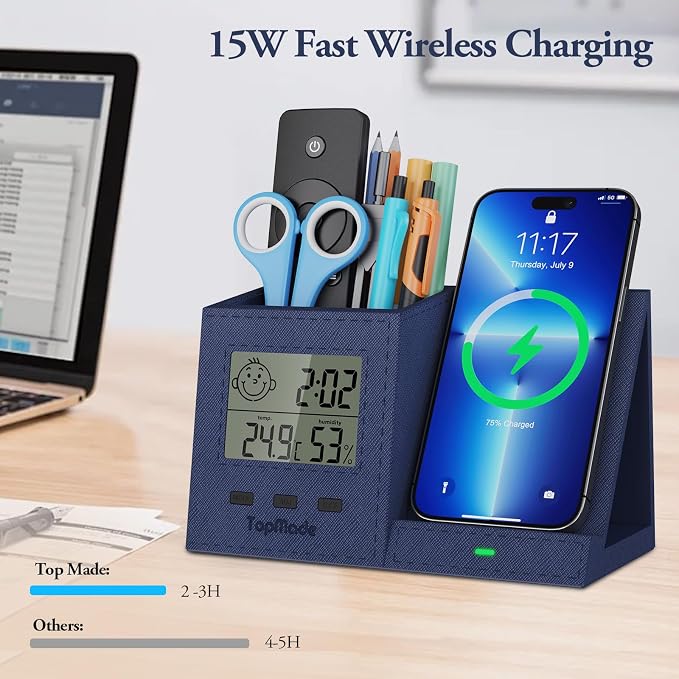 TopMade Wireless Charger with Pen Holder, PU Leather Desk Nightstand Organizer Fast Charging Station, Home Office Supplies Pencil Holder, Digital Thermometer and Humidity Gauge, Gifts for Men(Blue)
