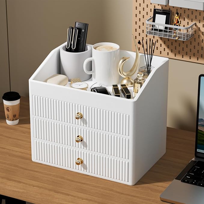 LADSTAG Office Accessories,Begie White Vegan Leather Office Supplies with 3 Drawers & Tray for Desk,Perfume Organizer with Gold-Tone Metal Accents Knob for End Tables,Bedside Table,Bedroom