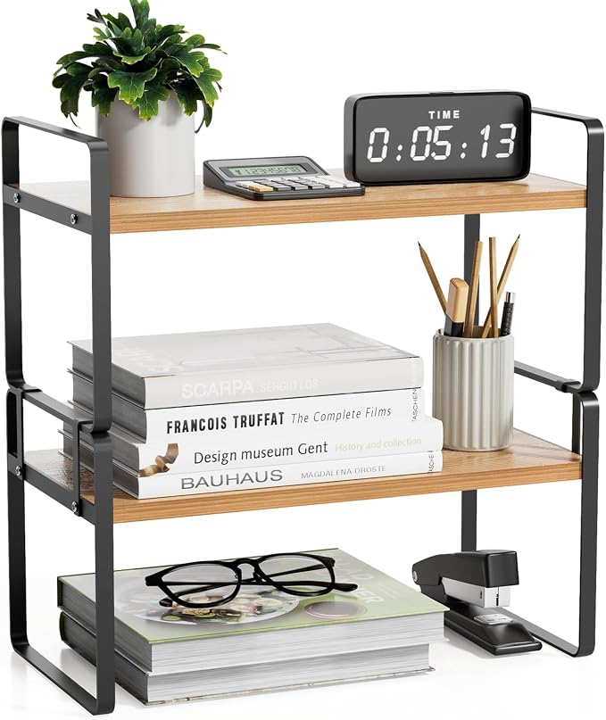 YGYQZ Desk Shelf Organizer, 2-Tier Desktop Bookshelf, Black & Wood | Detachable Design, 2-Tier Storage, Multi-Use Desktop Shelf, Compact Organization, Ideal for Office, Dorm & Home