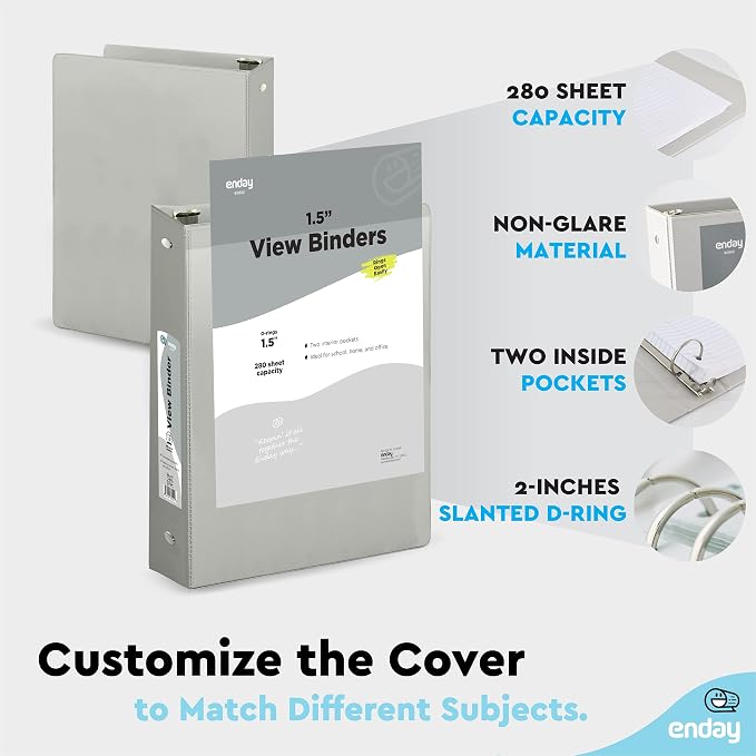 Enday 1.5 Inch Binder (6 Pack - Grey) 3 Ring Binder 1.5 inch with Clear View Cover and 2 Inside Pocket - for Letter Size 8.5 x 11'' Paper, Ideal for School Supplies, Office, and Home
