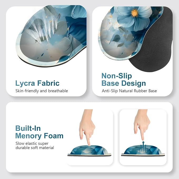 Desk Mat Pad, Gaming Mouse Pad Wrist Support Set, 4 in1 Non-Slip Large Mousepad + Ergonomic Design Keyboard Wrist Rest+Mouse Wrist Rest+Coaster for Home Office Computer I Blue Floral Watercolor