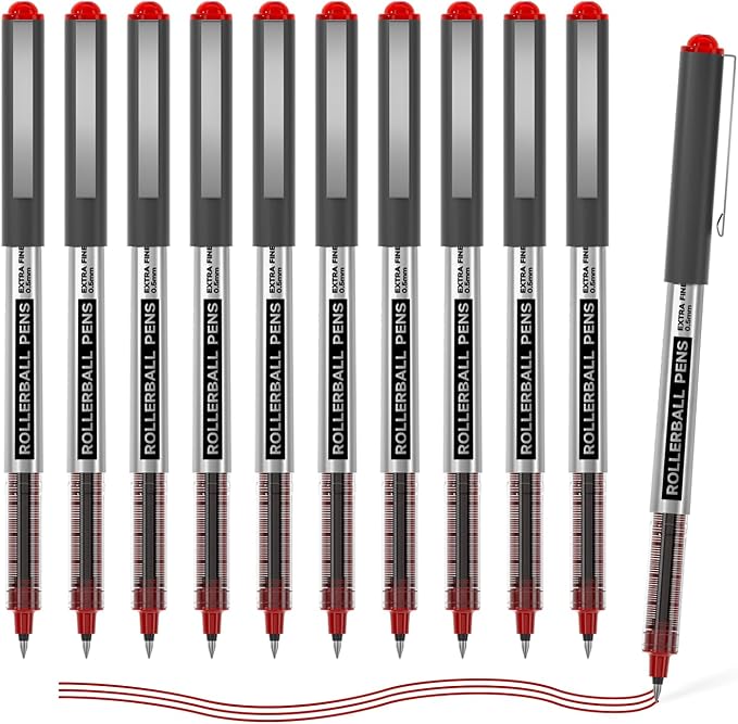 Shuttle Art Rollerball Pens, 10 Pack Red Liquid Ink Pens, 0.5mm Extra Fine Point, Quick Drying for Writing Journaling Taking Notes School Office