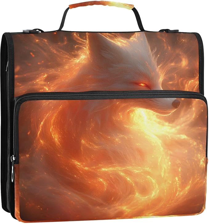 3 Ring Zipper Binder with Shoulder Strap Fox Fire Animal 2 Inch Zippered Binder Bag 500 Sheet Capacity Multi Pockets for School Supplies