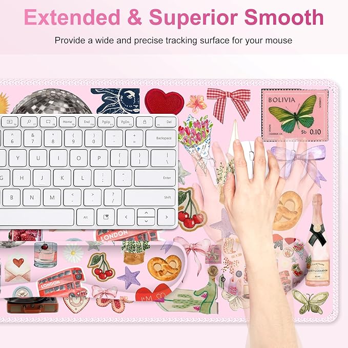 Desk Mat Pad, Gaming Mouse Pad Wrist Support Set, 4 in1 Non-Slip XXL Large Mousepad + Ergonomic Keyboard Wrist Rest+Mouse Wrist Rest+Coaster for Home Office Computer I Pink Colorful Stickers