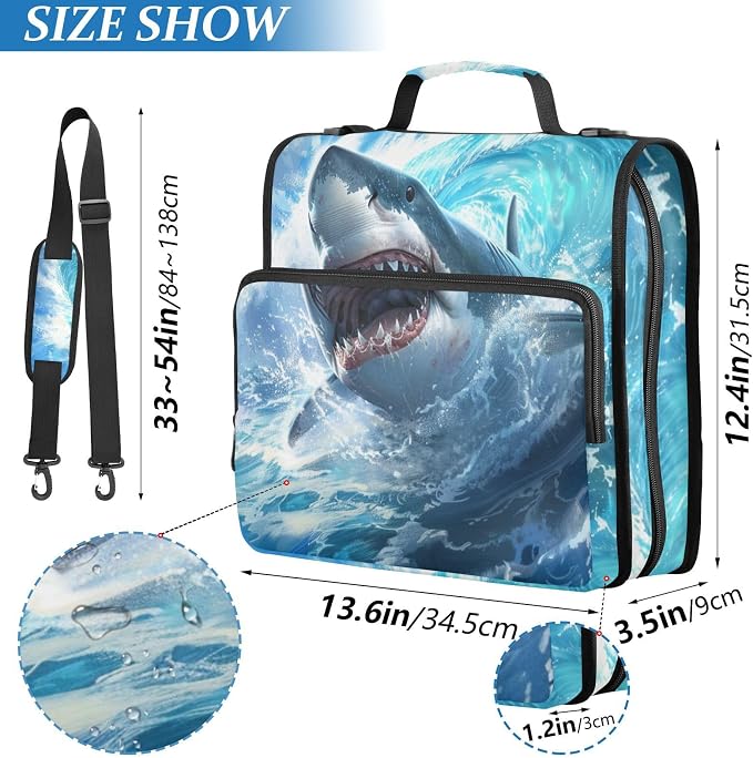 Cute Shark Blue Ocean Wave 3 Ring Binder Bag 1.5 inch Binder Organizer with Zipper Shoulder Strap 500 Sheet Documents Storage for School Office